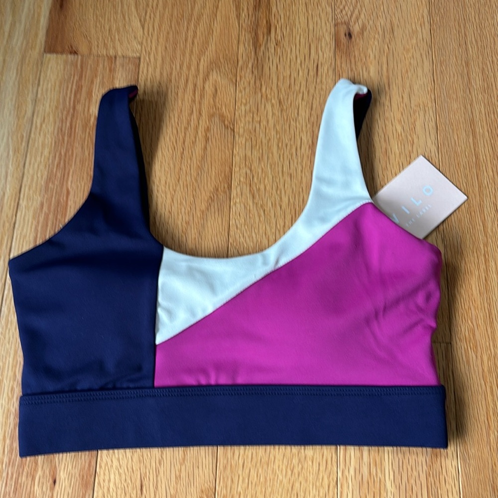 NWT Wilo The Label Sports Bra Athleisure XS Blue Pink White Color Block New yoga